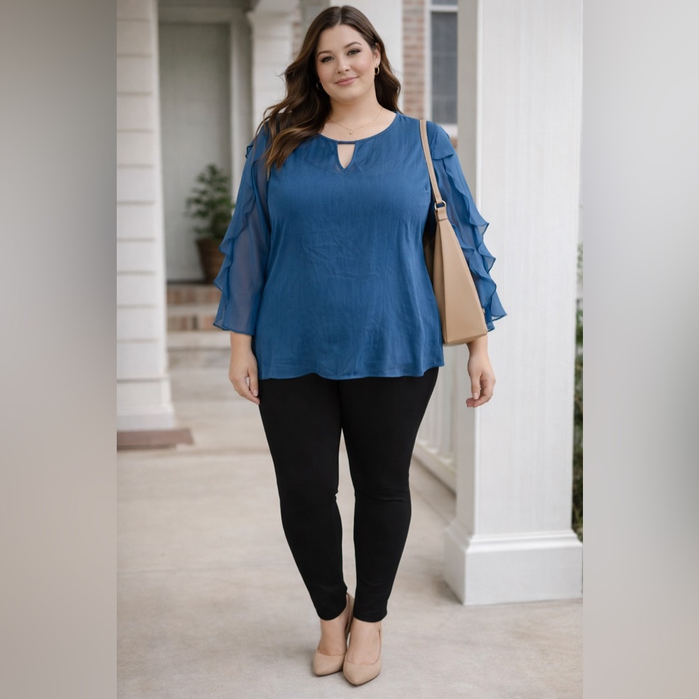 Sami & Jo Plus Sheer Blue Blouse Ruffle Sleeve Keyhole Neckline Womens